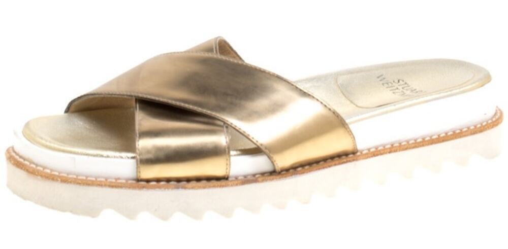 Stuart Weitzman Roza Crisscross Slides Sandals Slip On Leather Metallic Gold 7.5